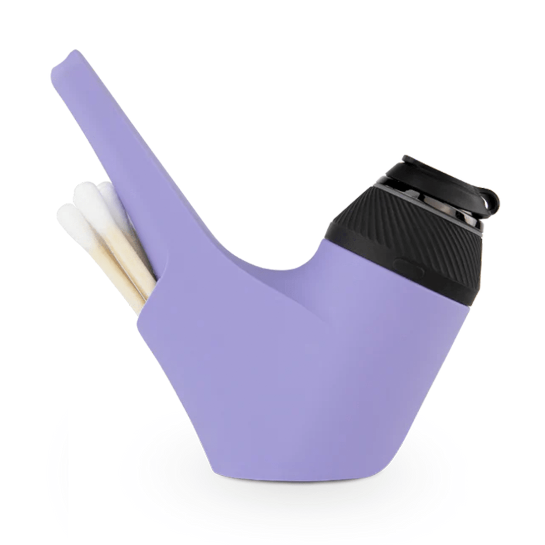 Angled side view of a lavender Puffco Proxy Travel Pipe showing its curved body, black textured top, and a built-in cavity holding cotton swabs.