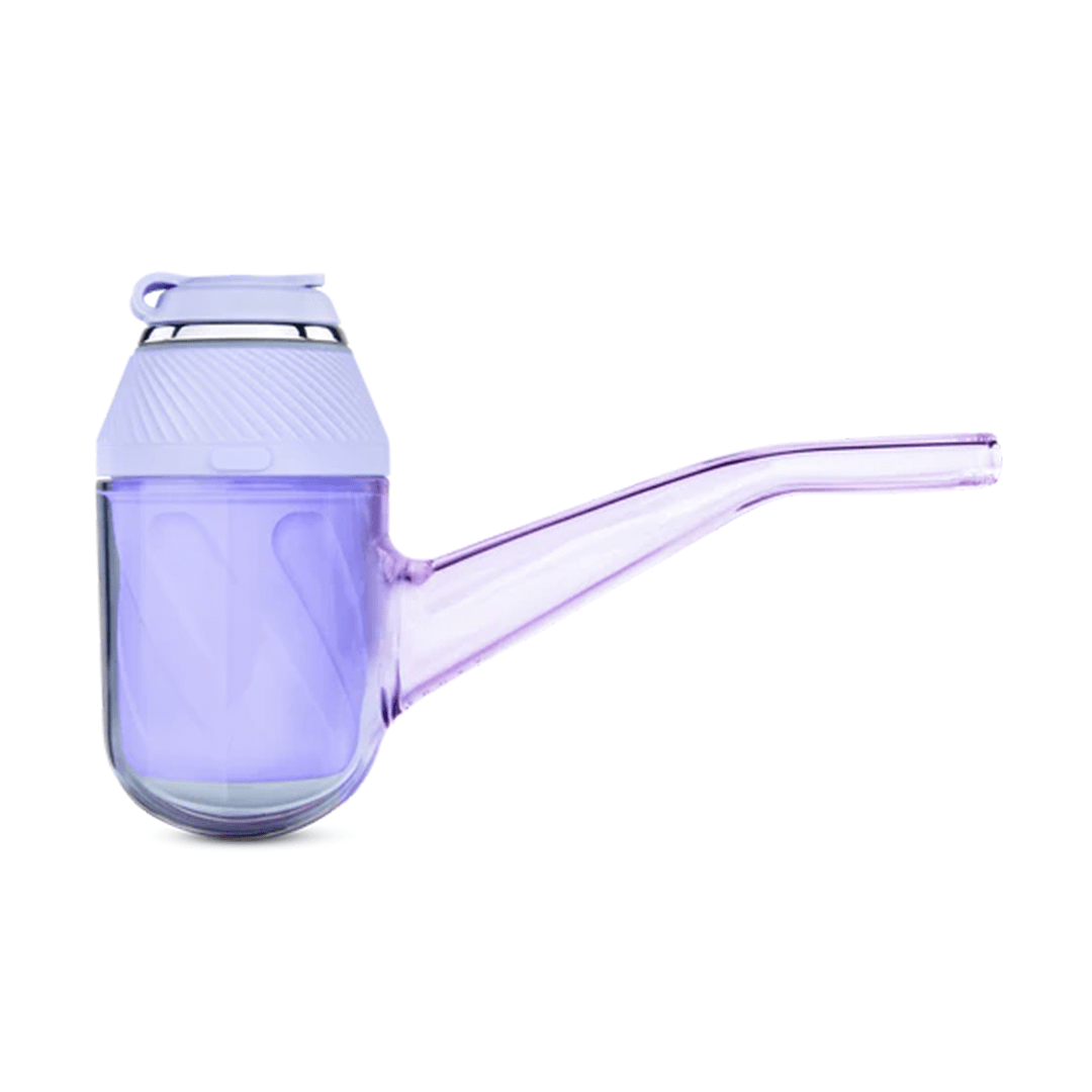 Side profile of the Storm-colored Puffco Proxy showing a translucent lavender glass chamber with a long angled mouthpiece and textured cap against a white background