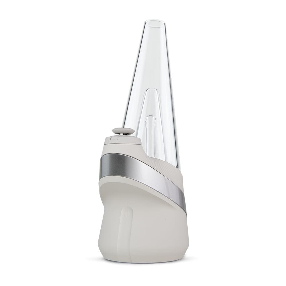 A side view of the Puffco New Peak Vaporizer, showcasing its sleek, white design and smooth, curved form.