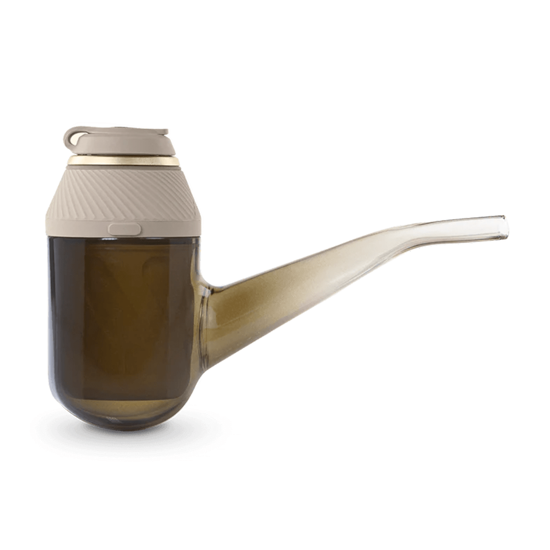 Side view of the Puffco Proxy in a translucent brown "Flourish" finish with a beige textured cap and elongated mouthpiece.