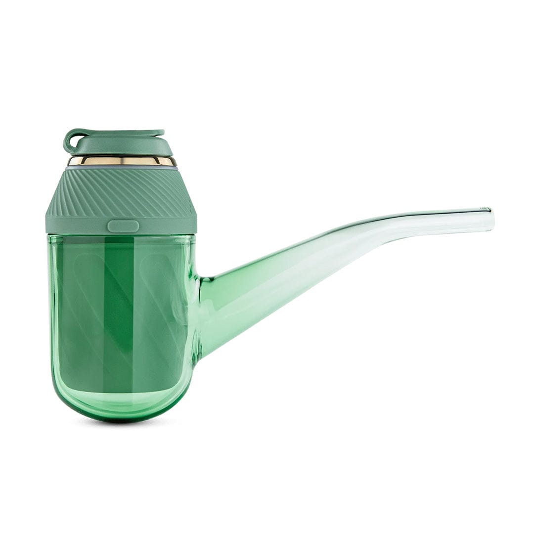 Side profile of the green Puffco Proxy with a translucent glass body and matching textured matte green top against a white background.