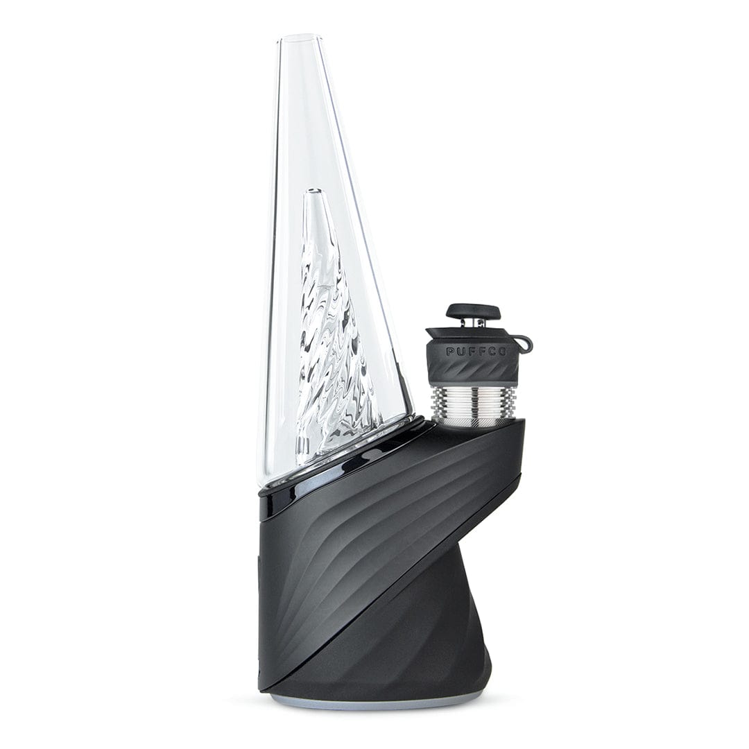 Front view of the New Peak Pro with 3D XL Chamber, showcasing its sleek, dark design and unique chamber shape.