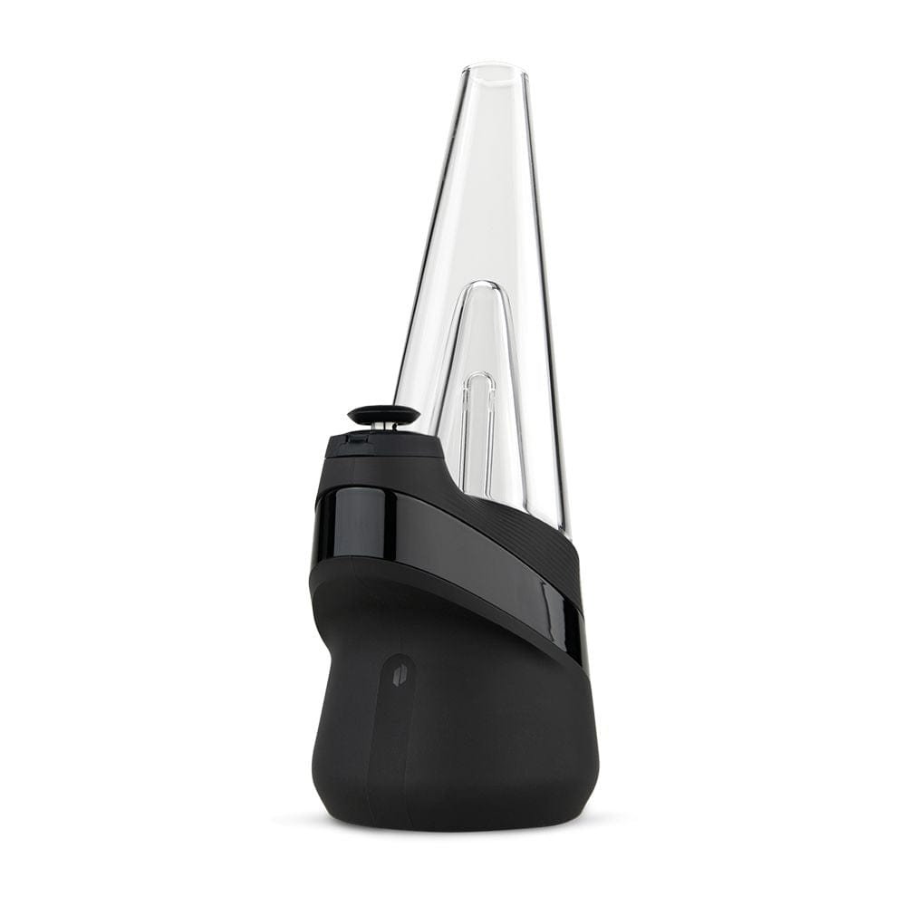 A side view of the Puffco New Peak Vaporizer shows its sleek black design with a clear glass extension.