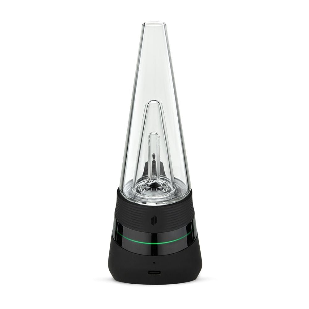 Front view of the Puffco New Peak Vaporizer, displaying its sleek black design with a clear glass top and subtle lighting.