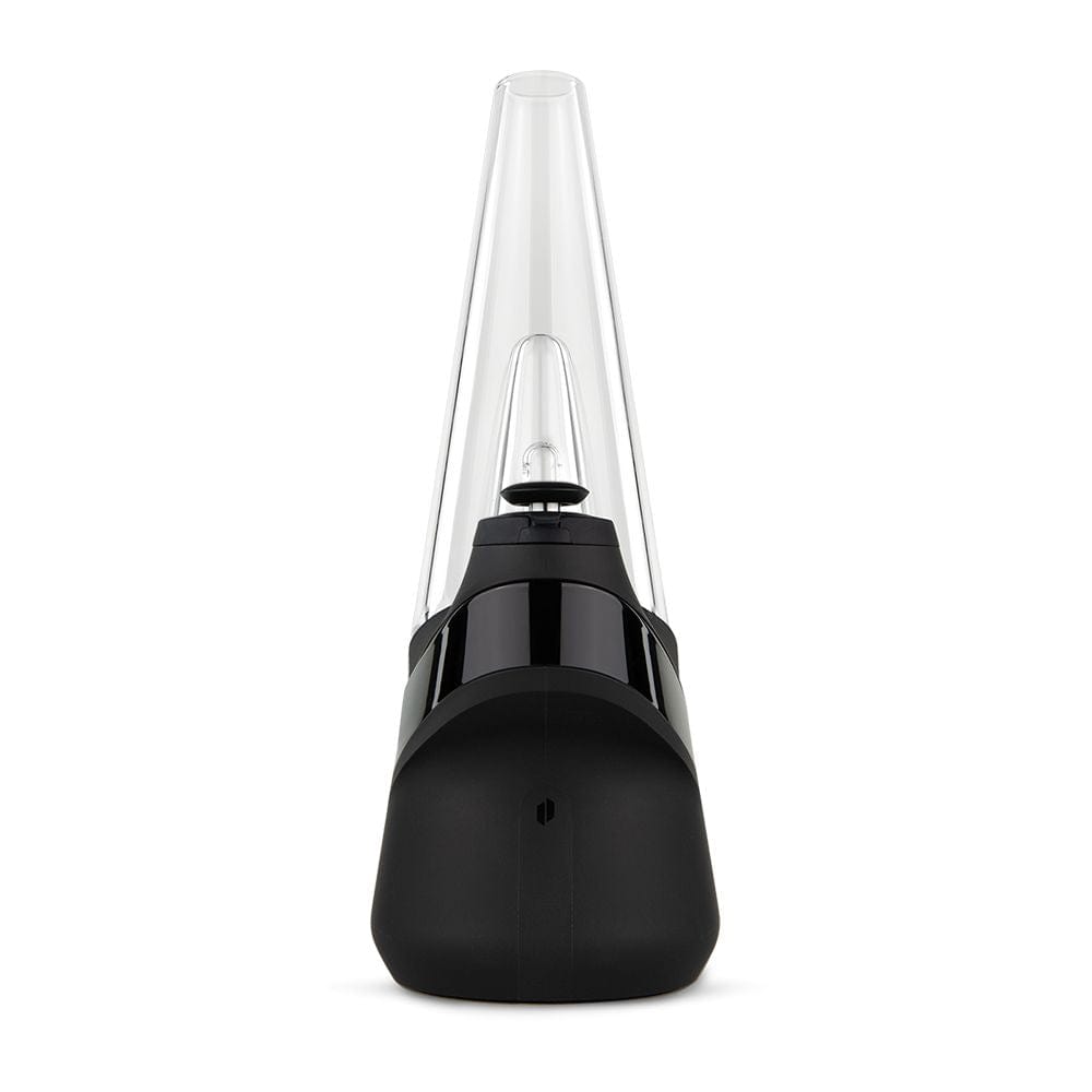 A front view of the Puffco New Peak Vaporizer, showing its sleek black design and glass vapor path.
