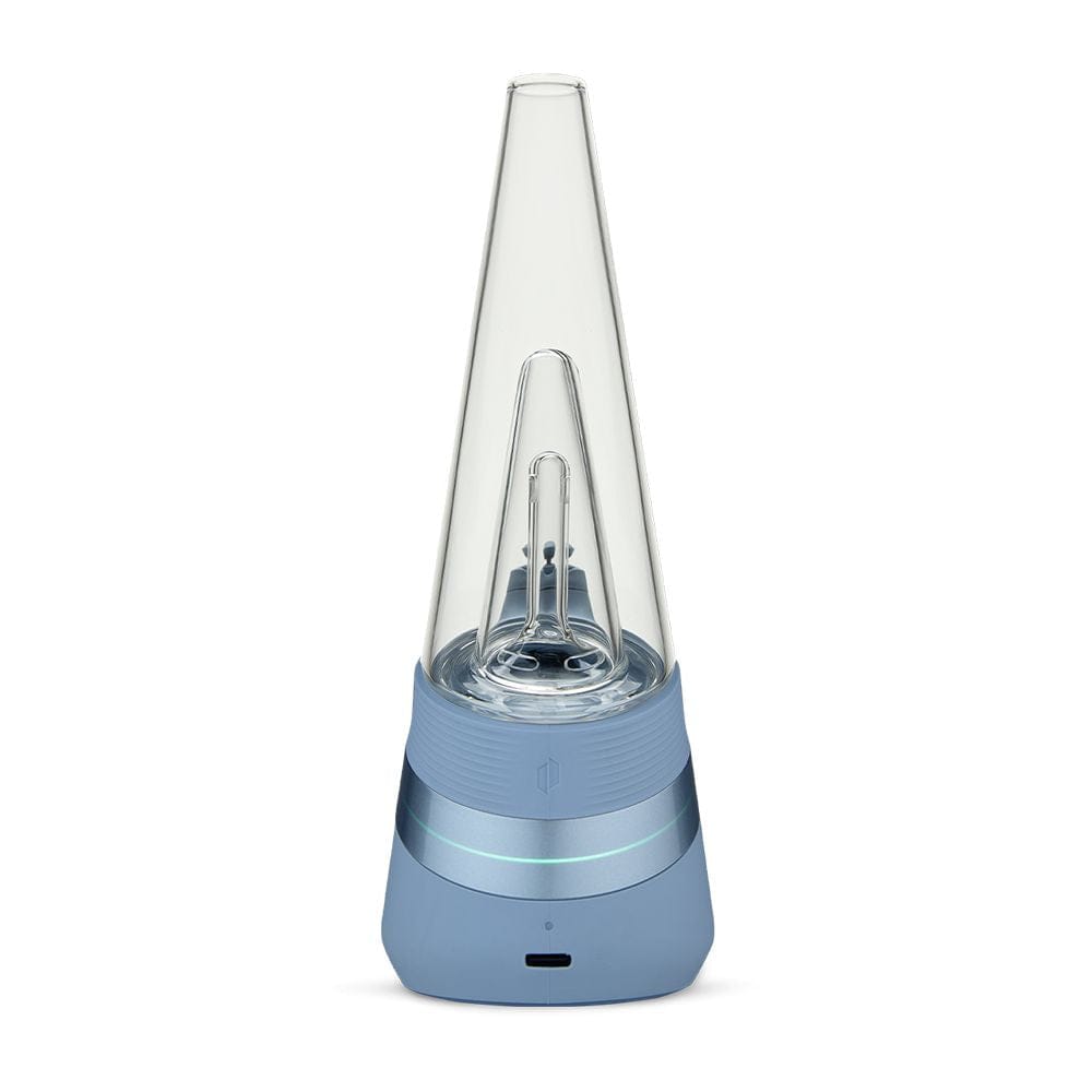 Front view of the Puffco New Peak Vaporizer, showcasing its sleek, modern design and clear glass construction.