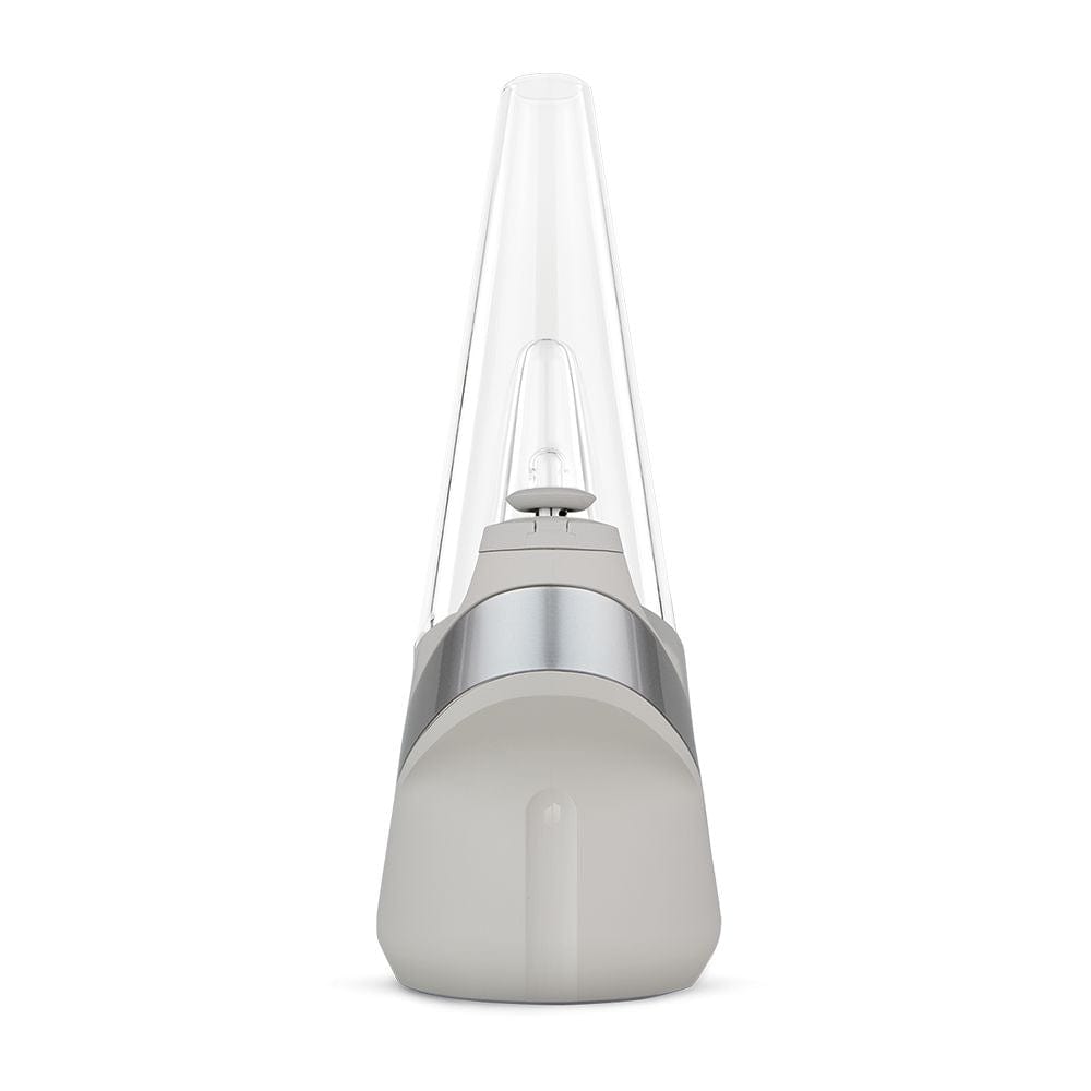 Front view of the Puffco New Peak Vaporizer, showcasing its sleek, metallic design against a plain white background.