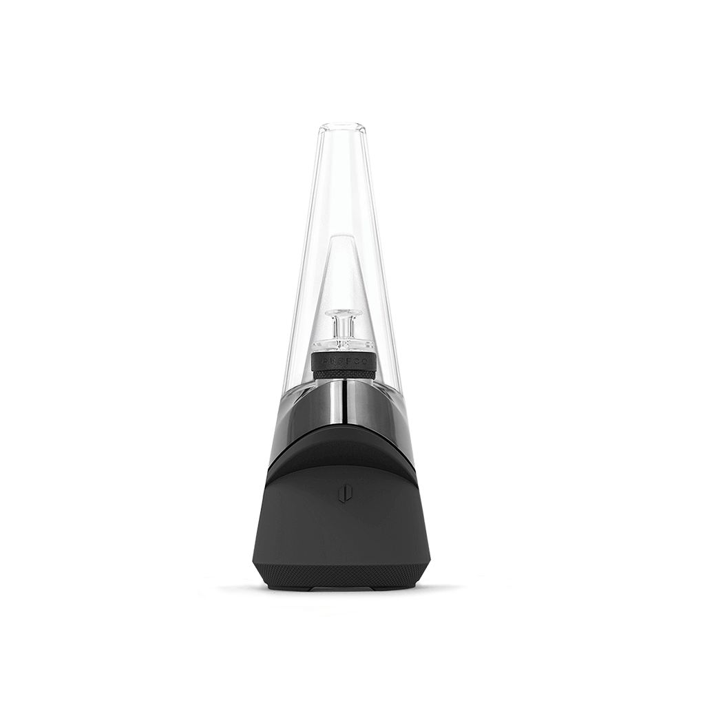 Front-facing view of the Puffco Peak Vaporizer with its clear conical glass attachment rising above a matte black base on a white background