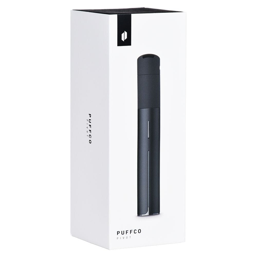 Front view of the Puffco Pivot Concentrate Vaporizer, a sleek, black device displayed on a simple white background.