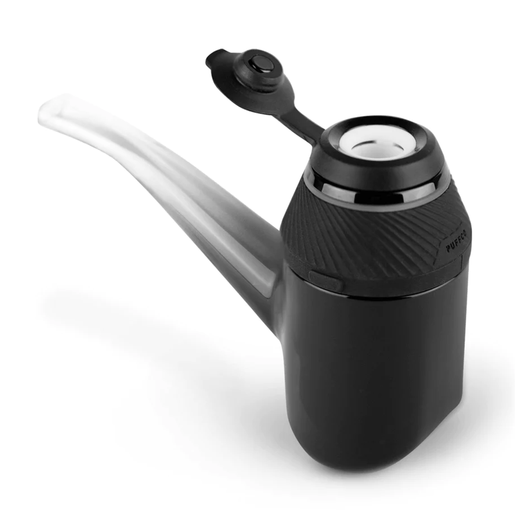 Angled top-down view of the black Puffco Proxy showing its textured chamber, open hinged lid, and smooth curved mouthpiece on a white background