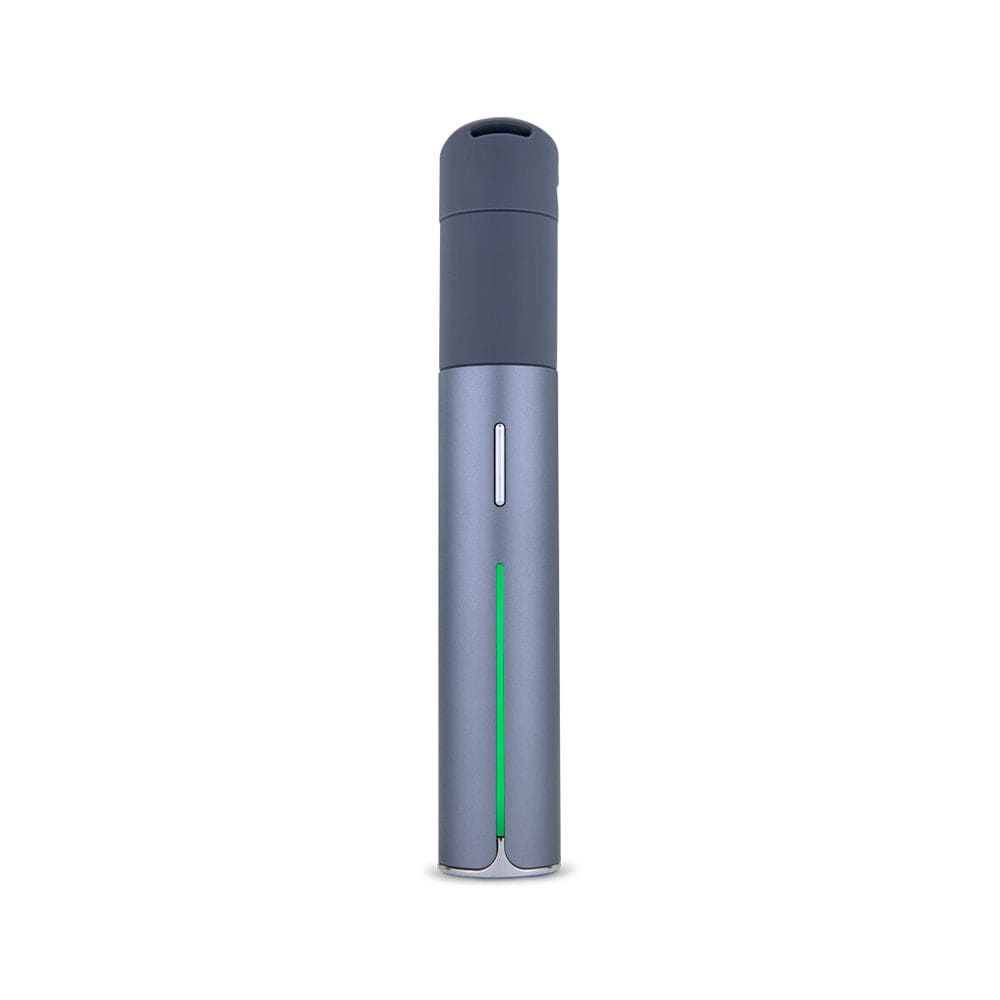 Front view of the Puffco Pivot Concentrate Vaporizer, a silver metallic device with a black tip and a subtle vertical line detail.