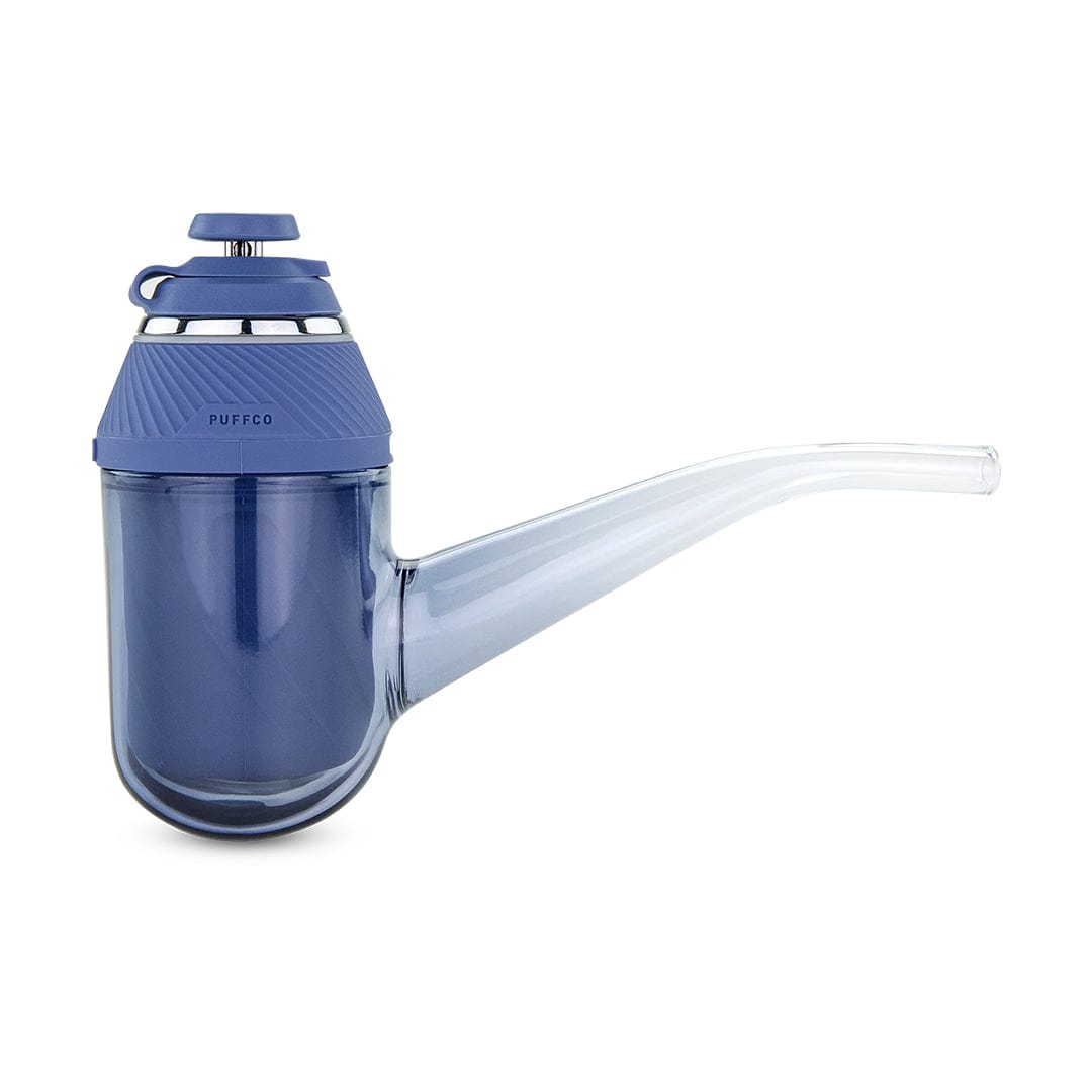 Side profile of the Puffco Proxy in translucent blue showing the rounded water chamber, angled glass mouthpiece, and textured top.