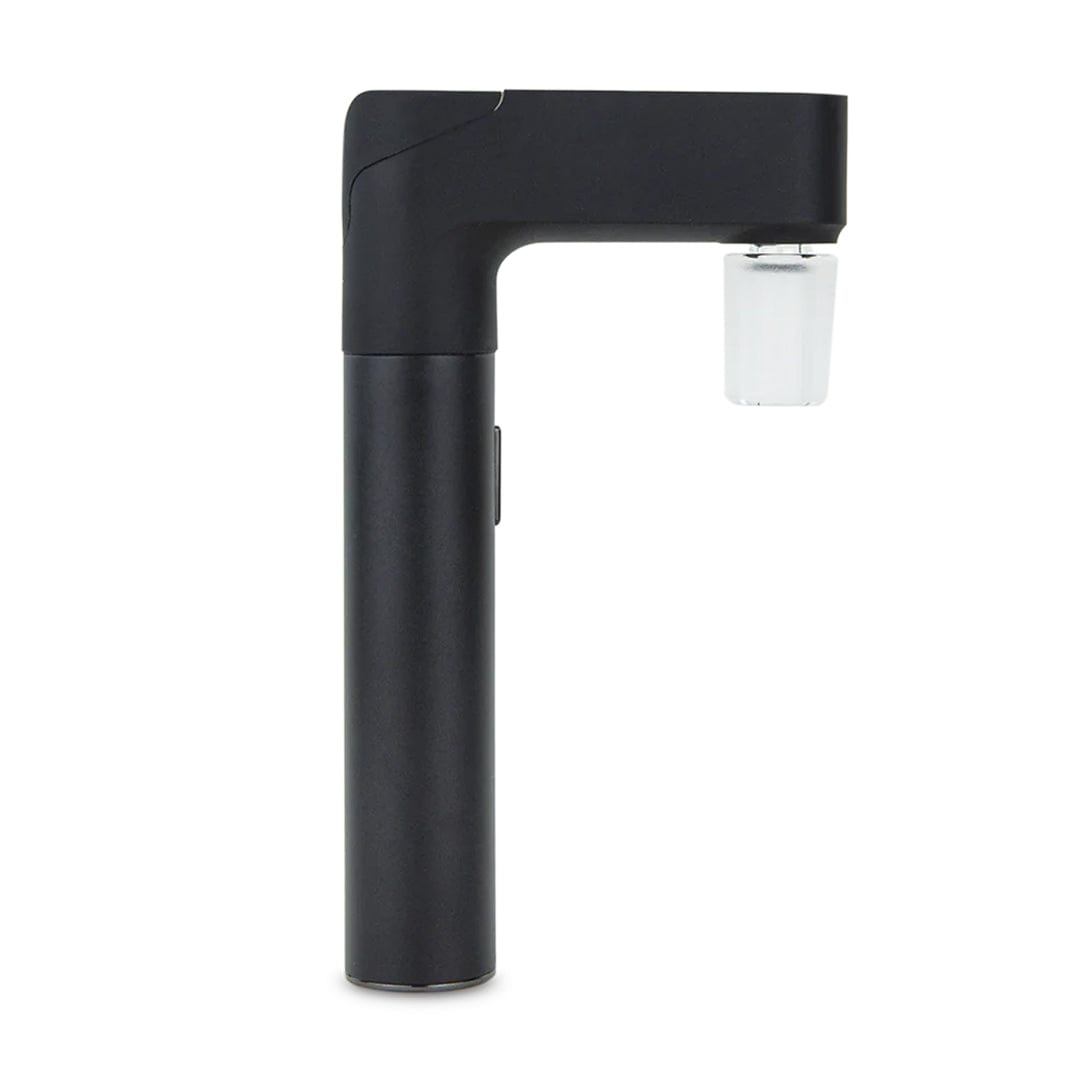 Studio-lit front view of the black Puffco Pivot Glass Adapter showing its L-shaped arm and clear glass joint against a white background