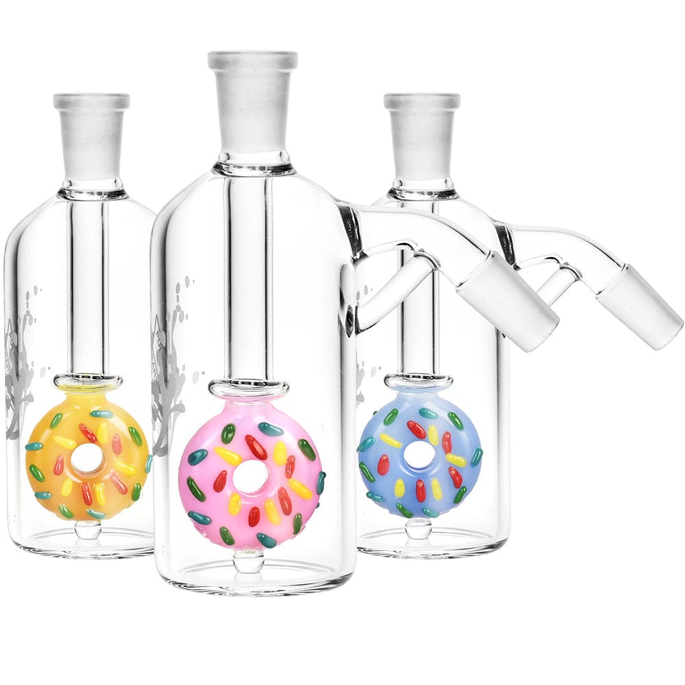 Front view of the Donut Perc Ash Catcher, a clear glass piece with a colorful, donut-shaped percolator visible inside.