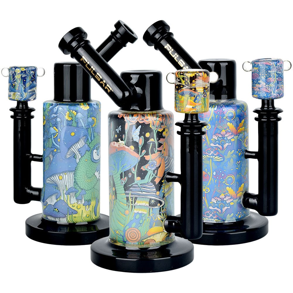 Front view of the Pulsar Inside Print Water Pipe  Garden Of Cosmic Delights, displaying vibrant floral patterns on clear glass.