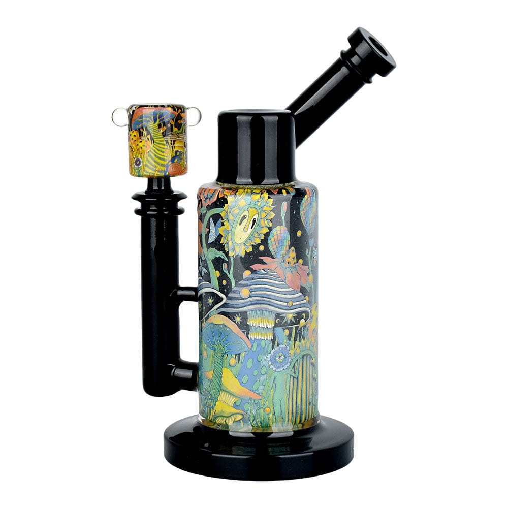 Front view of the Inside Print Water Pipe  Garden Of Cosmic Delights, showcasing a patterned glass pipe against a plain white backdrop.