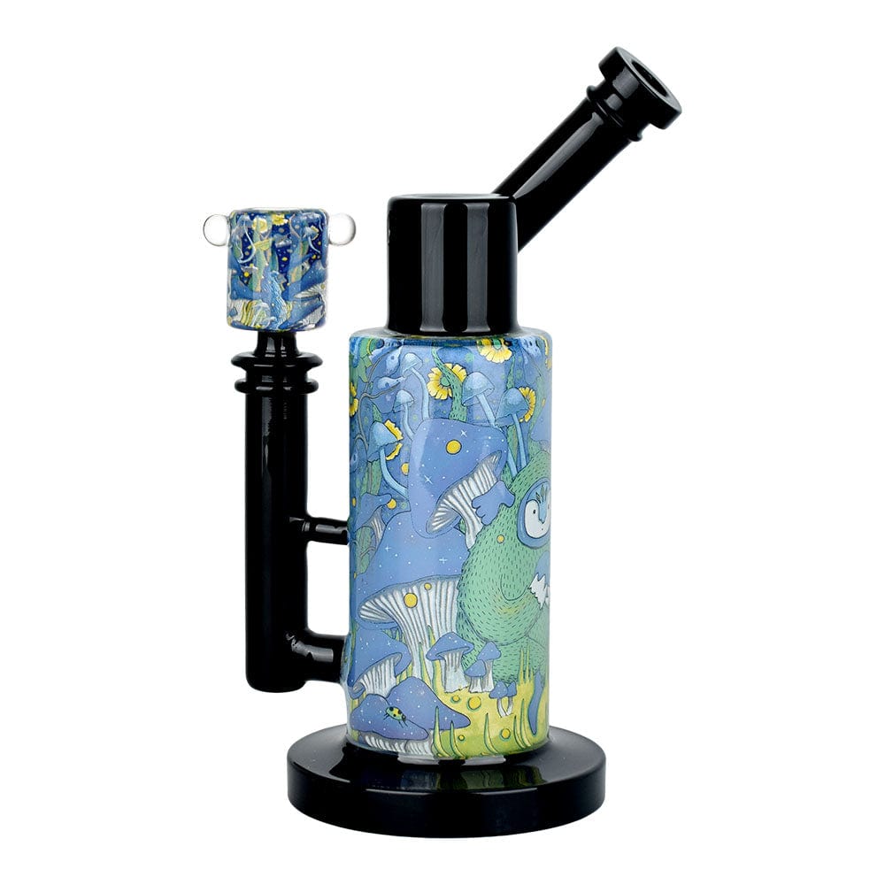 Front view of the Inside Print Water Pipe  Garden Of Cosmic Delights, displaying a colorful, detailed print on clear glass.