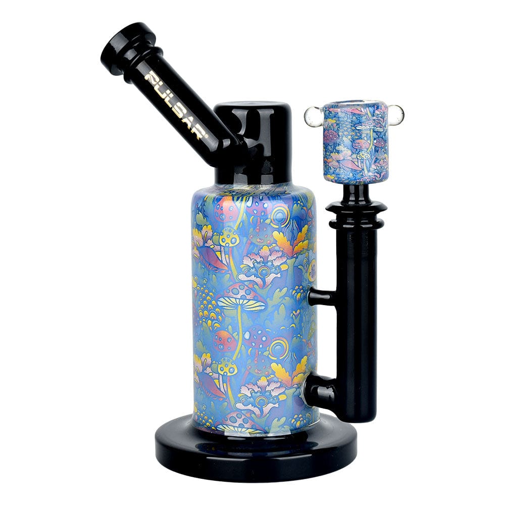 Front view of the Pulsar Inside Print Water Pipe – Garden Of Cosmic Delights, showcasing a colorful floral design on clear glass.