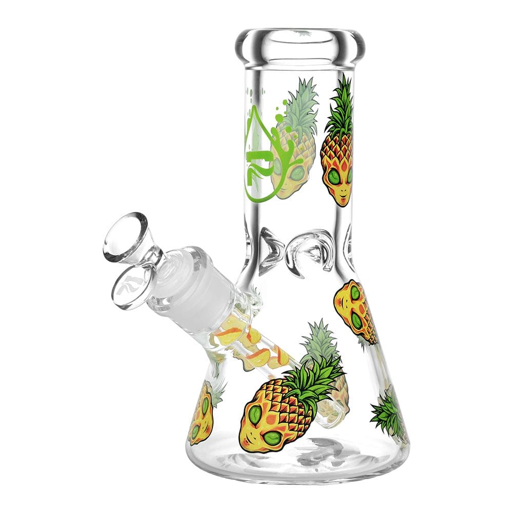 Front view of the Pinealien Design Series Glass Beaker Water Pipe, showing a clear glass beaker with alien-themed designs.