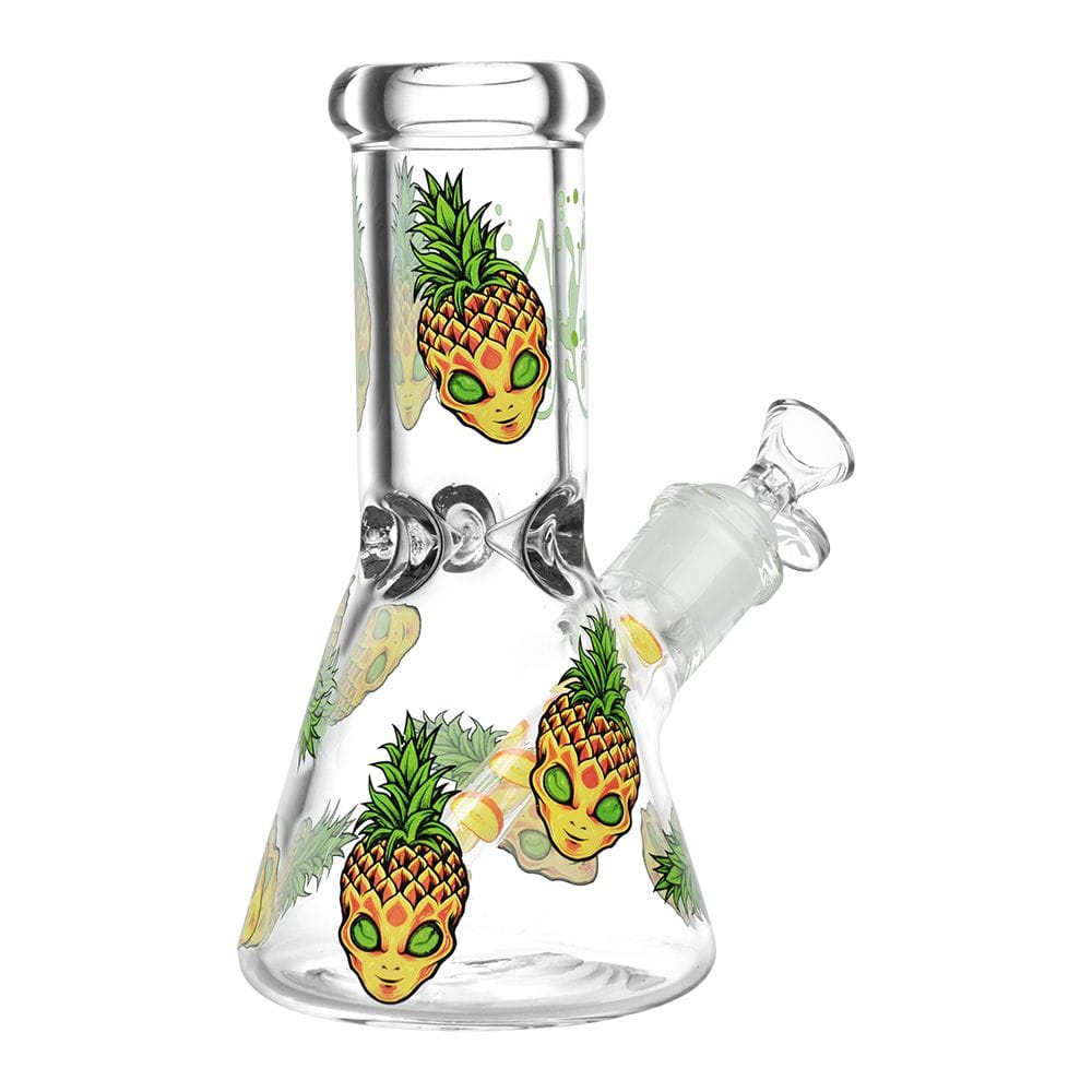 Front view of the Pinealien Design Series Glass Beaker Water Pipe, showcasing a colorful alien graphic on clear glass.