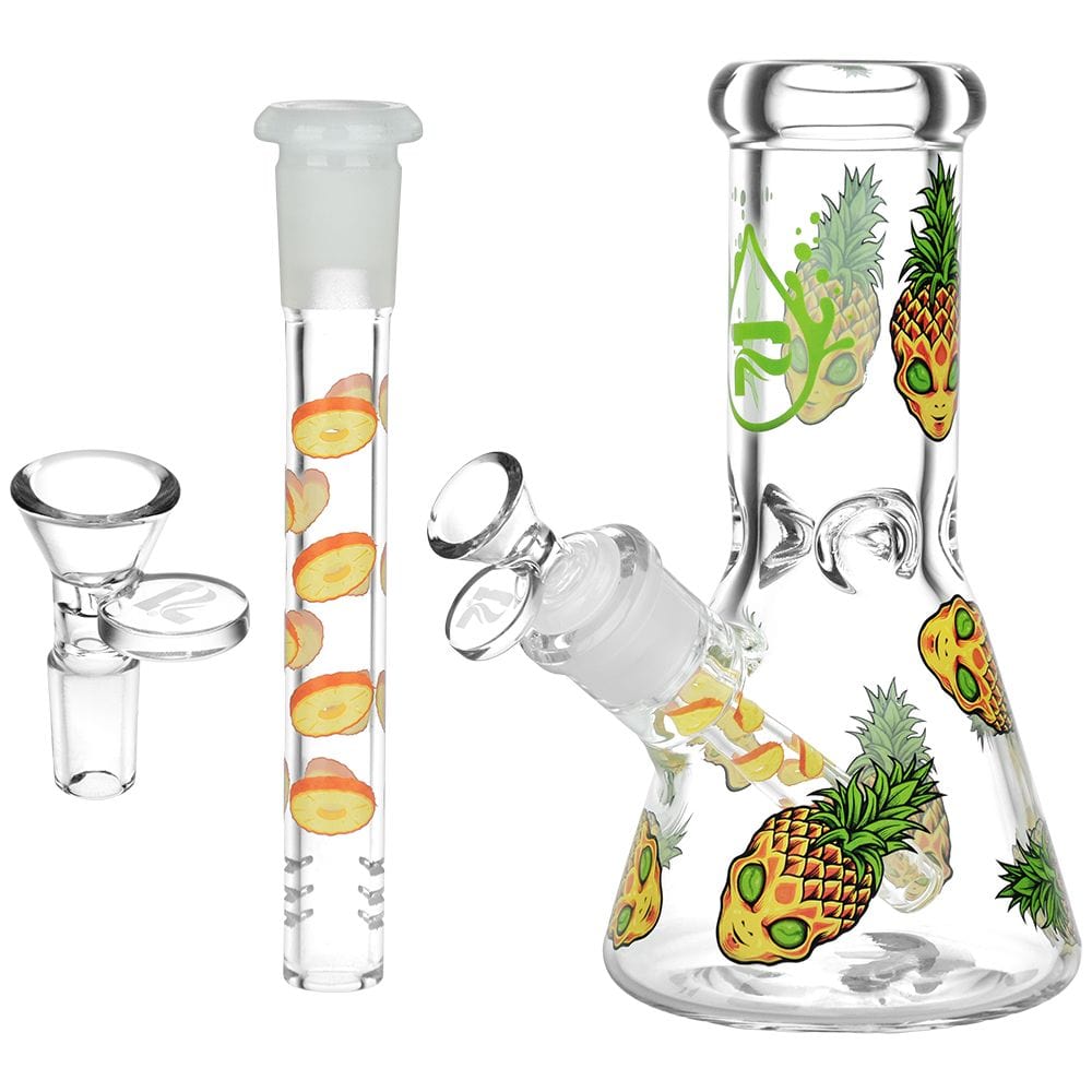 Front view of the Pinealien Design Series Glass Beaker Water Pipe with a clear glass body and colorful alien-themed designs.