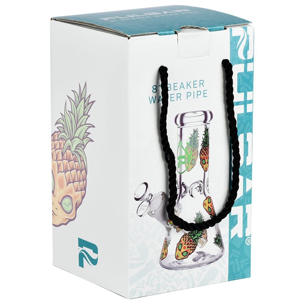 Front view of the Pinealien Design Series Glass Beaker Water Pipe with colorful alien designs on clear glass.