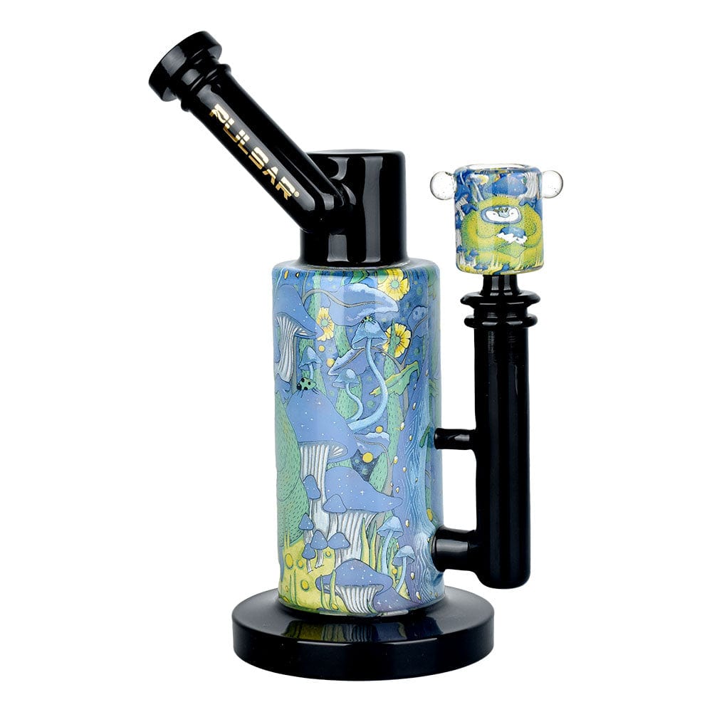 Front view of the Inside Print Water Pipe  Garden Of Cosmic Delights, showing a patterned glass pipe against a plain white backdrop.