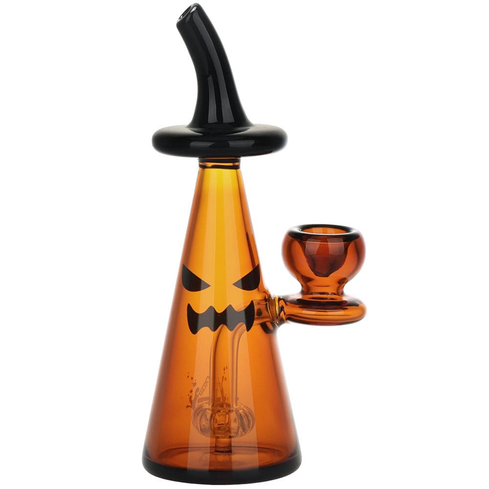 Front view of the 6.5” Pulsar Witching Season Glass Bubbler, with a dark rim and orange glass body.