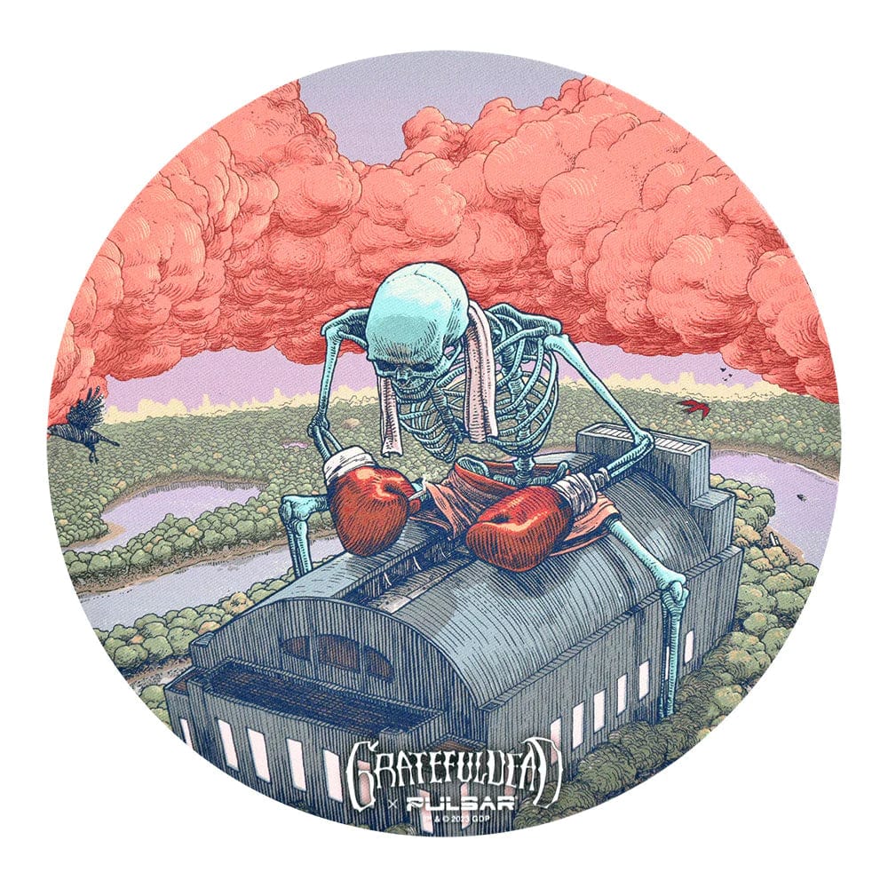 Front view of the Grateful Dead x Pulsar DabPadz with a skull illustration in a vibrant, colorful landscape.