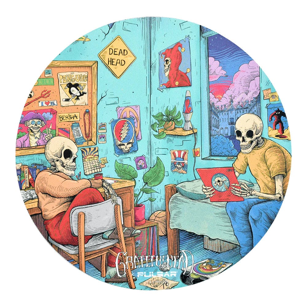 A detailed illustration features the Grateful Dead x Pulsar DabPadz as part of a whimsical, cluttered room scene with vintage ephemera.