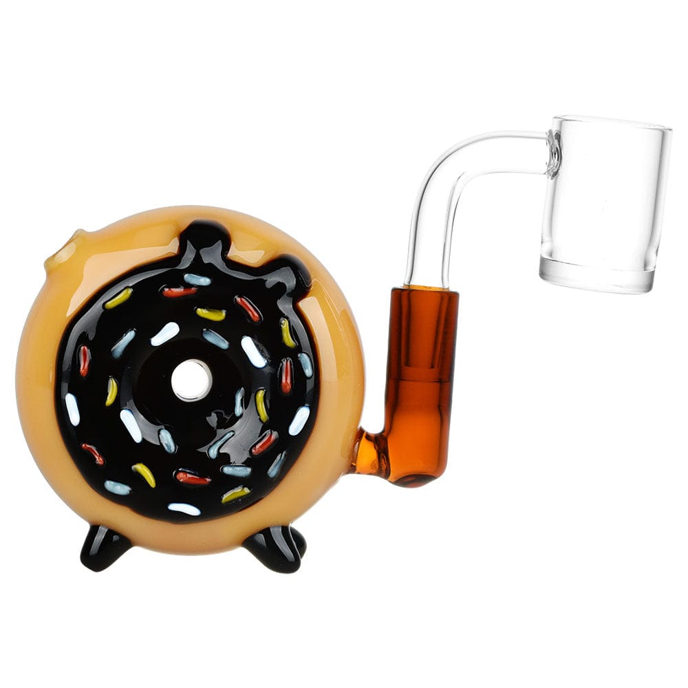 A three-quarter view of the Donut Mini Chugger Rig, showcasing its rounded shape and glass construction.