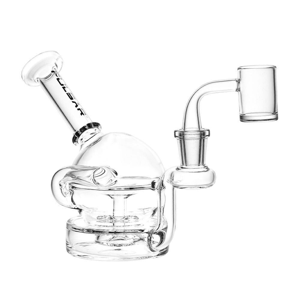 A close-up, angled view of the Clear Ball Recycler Dab Rig, showcasing its clear glass construction and rounded water chamber.