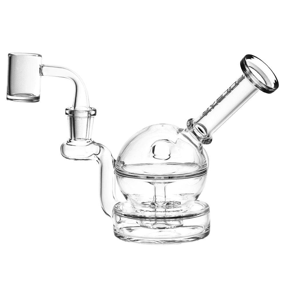 Front view of the Clear Ball Recycler Dab Rig, showing its clear glass construction and rounded ball-shaped design.