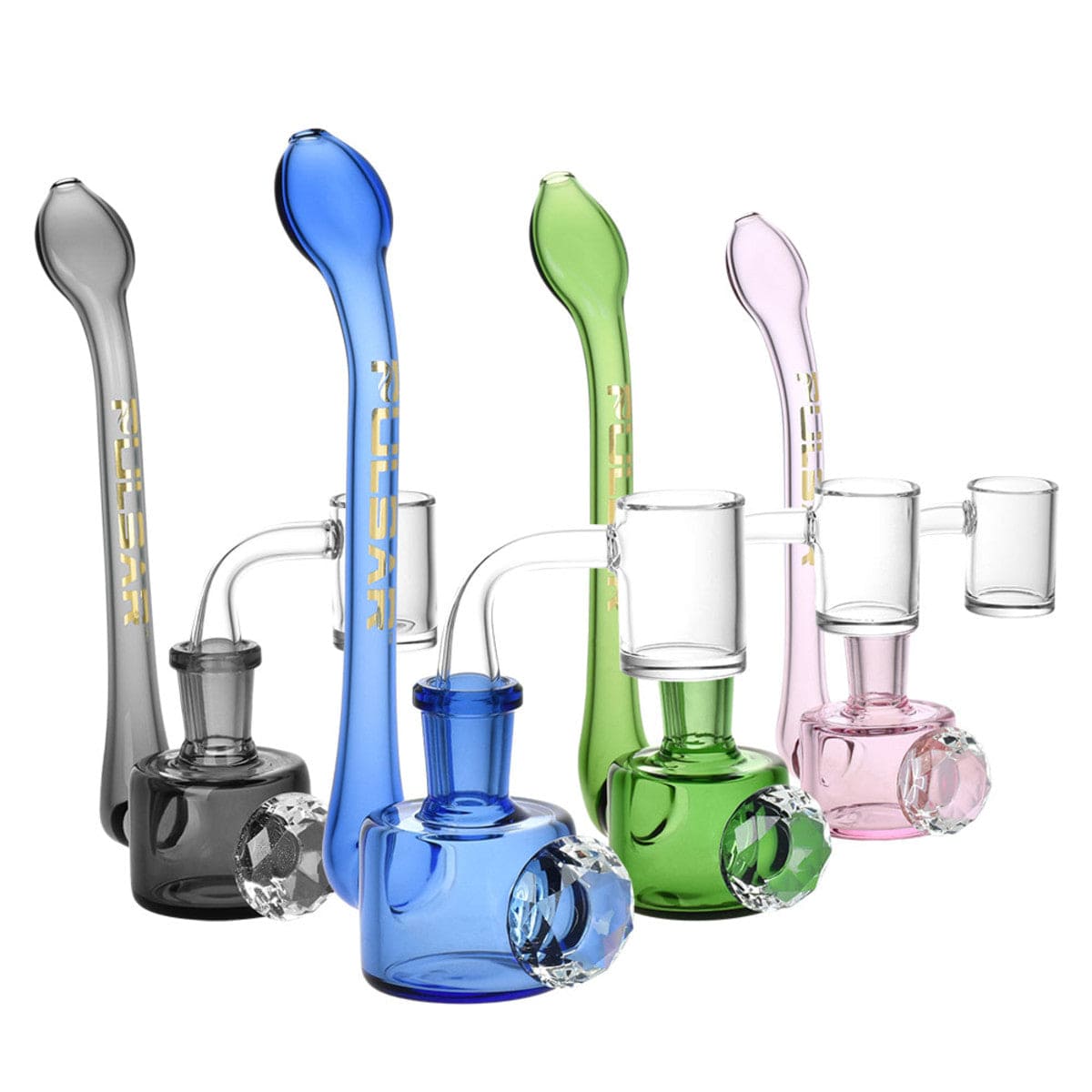 A lineup of Diamond Sherlock Concentrate Pipes in varying jewel-toned colors are displayed at a slight angle against a white backdrop.