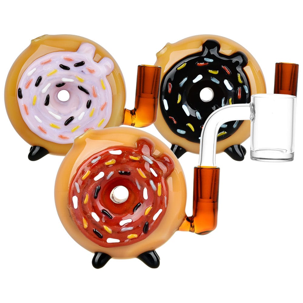Front view of the Donut Mini Chugger Rig, showcasing its colorful, glazed donut shape and small size on a plain white background.