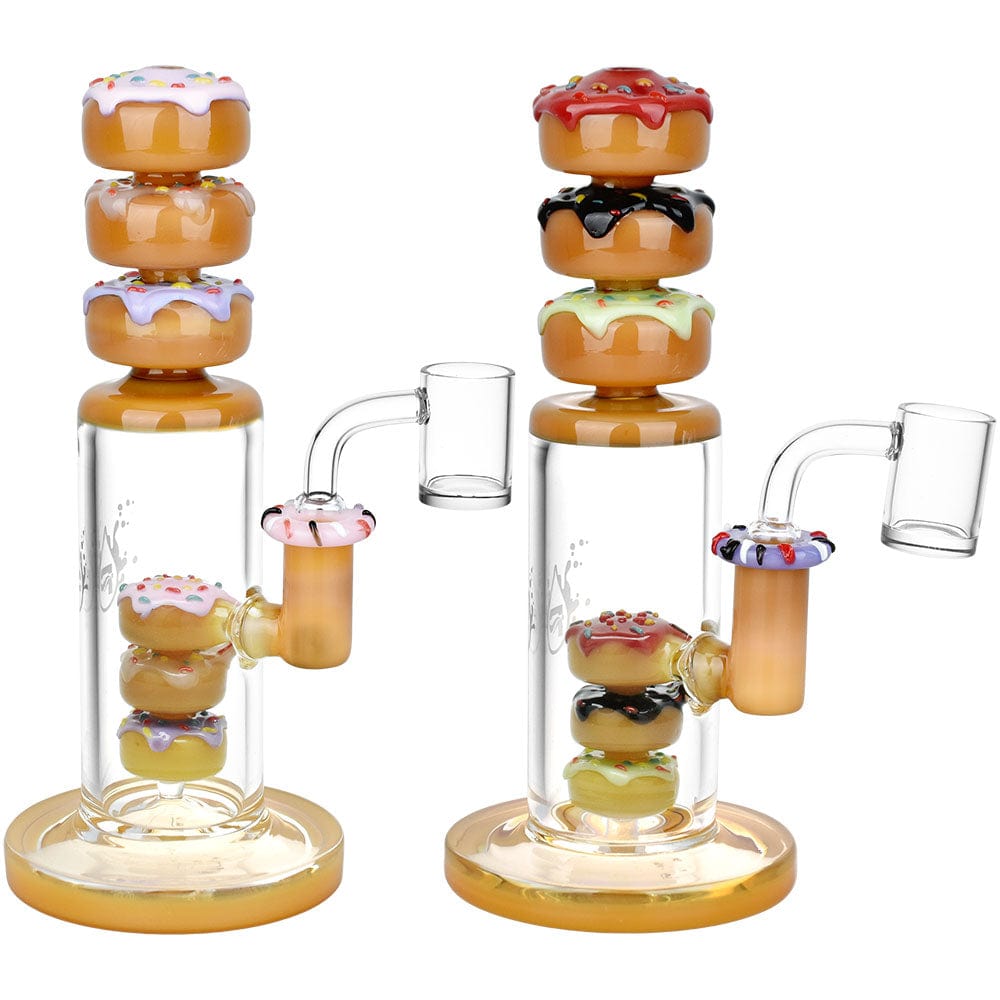 Front view of the Pulsar Donuts Upon Donuts Rig, showcasing stacked, colorful donut-shaped accents on a clear glass rig.