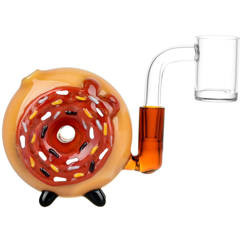 A side view of the Donut Mini Chugger Rig shows a small, colorful glass rig with a rounded base and a slender neck.