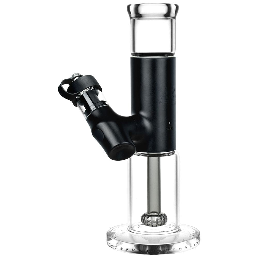 A front view of the APX eRig displaying its sleek design with a clear glass chamber and metallic base.