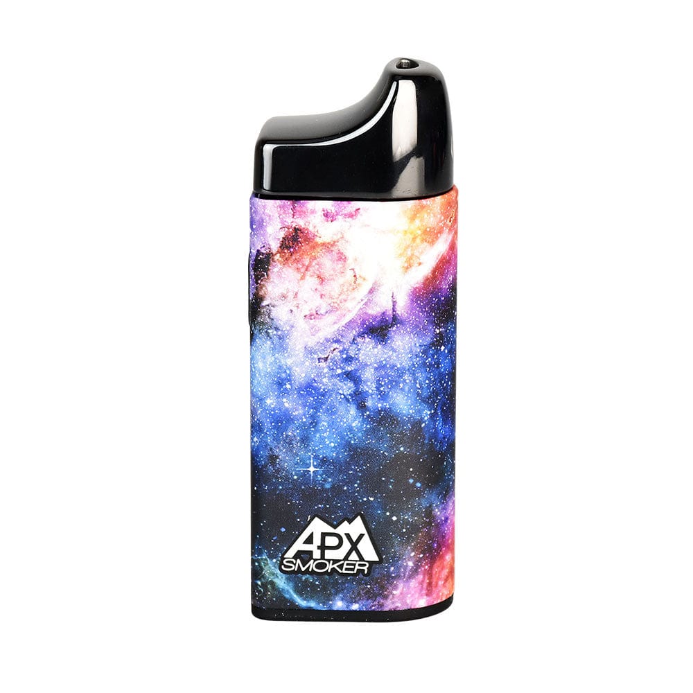 Front view of the APX Smoker V3 Electric Pipe with a swirling galaxy pattern on its metallic body.