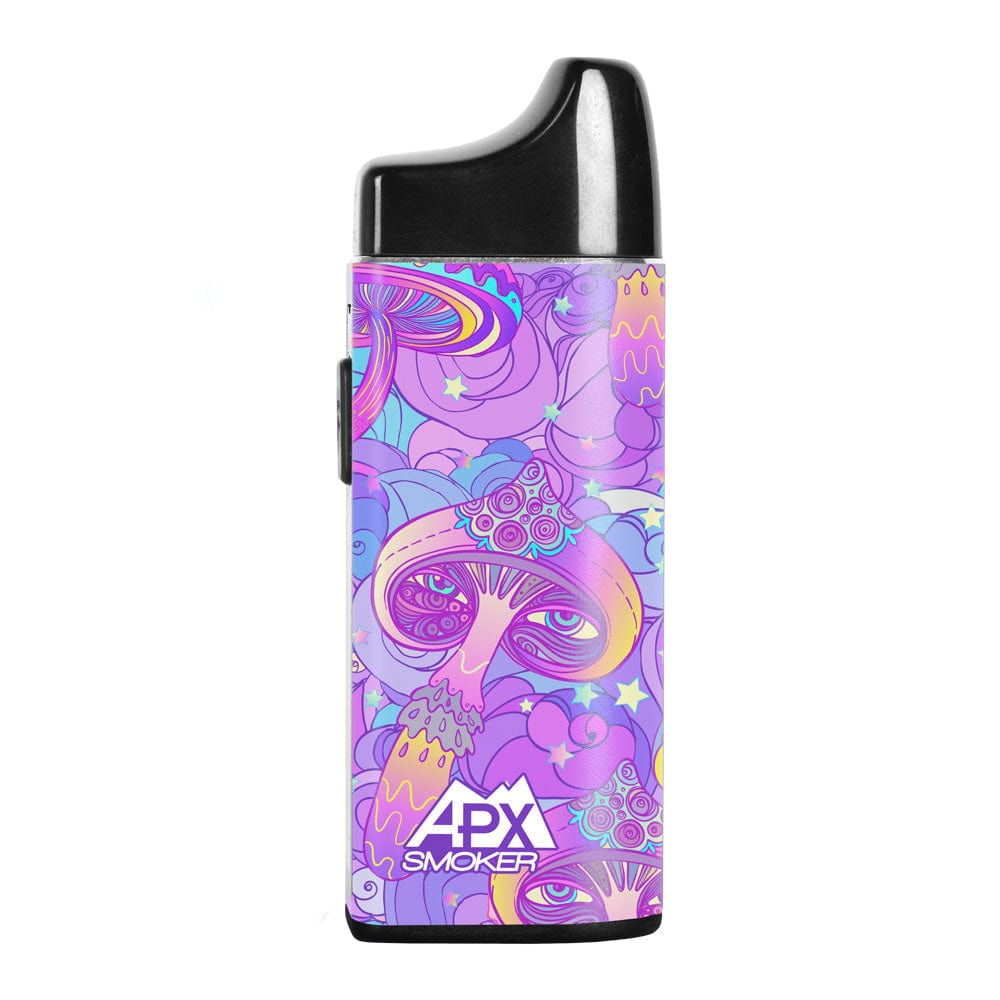 Front view of the APX Smoker V3 Electric Pipe with a colorful, psychedelic pattern against a dark background.