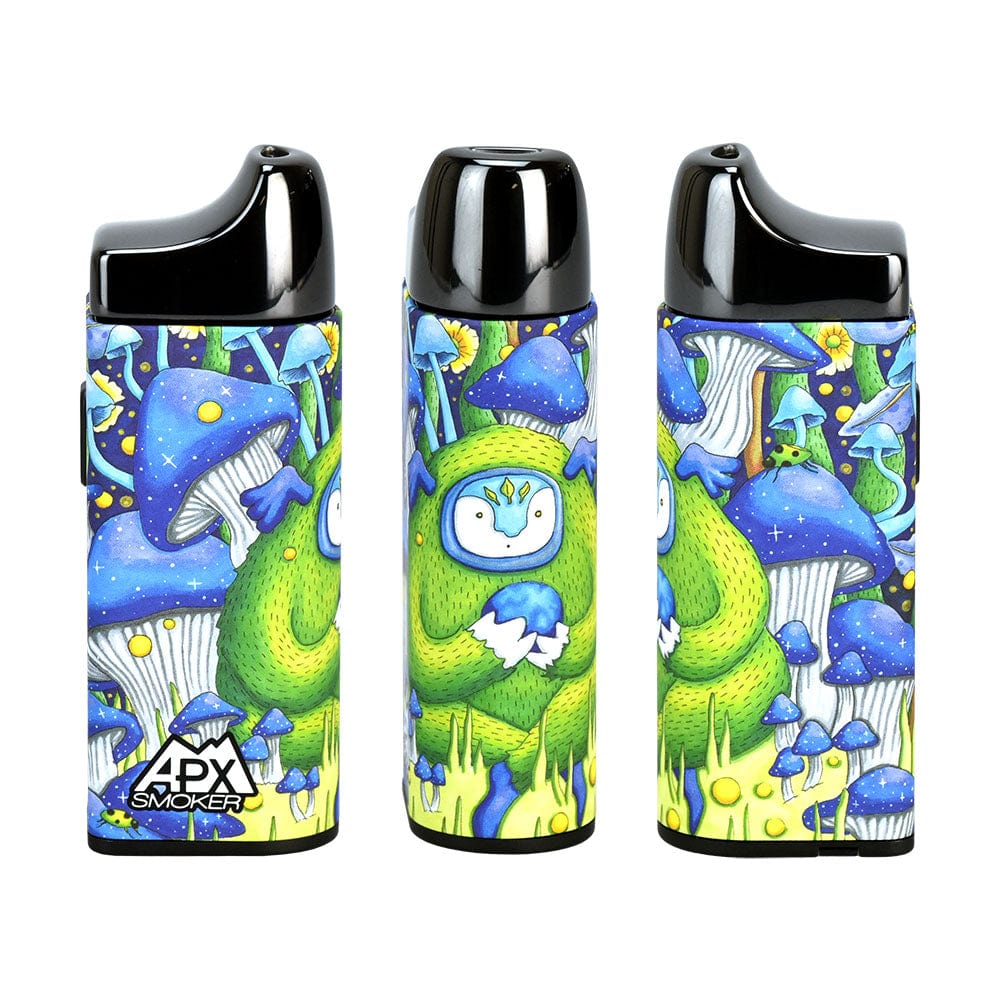 Front view of the APX Smoker V3 Electric Pipe featuring vibrant cartoon graphics against a dark background.