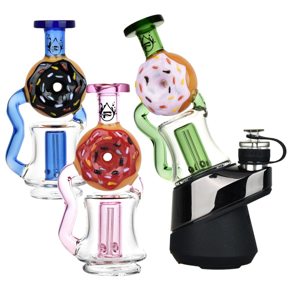 A vibrant side view of the Donut Recycler Attachment For Puffco Peak/Pro, showcasing its colorful, textured glass design.