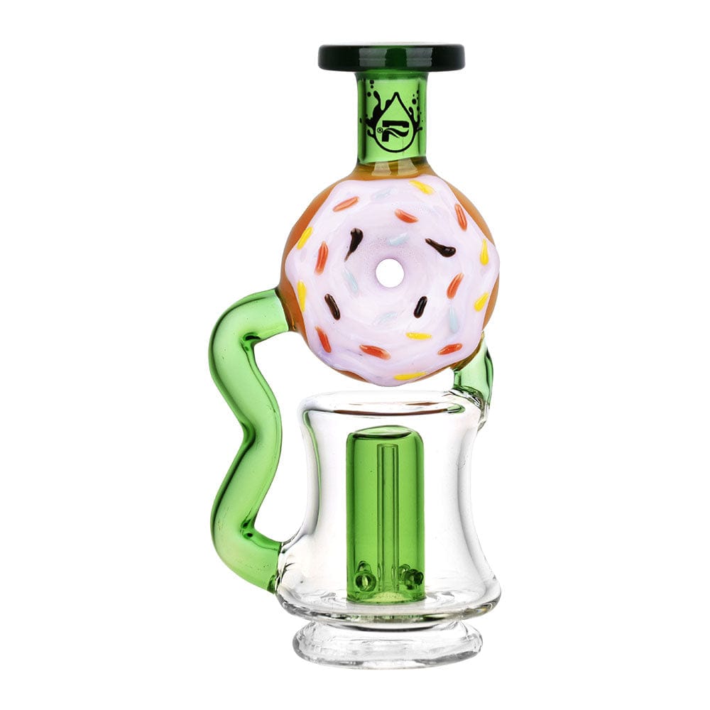 Front view of the Donut Recycler Attachment For Puffco Peak/Pro, a glass piece with a rounded, colorful design resembling a frosted donut.