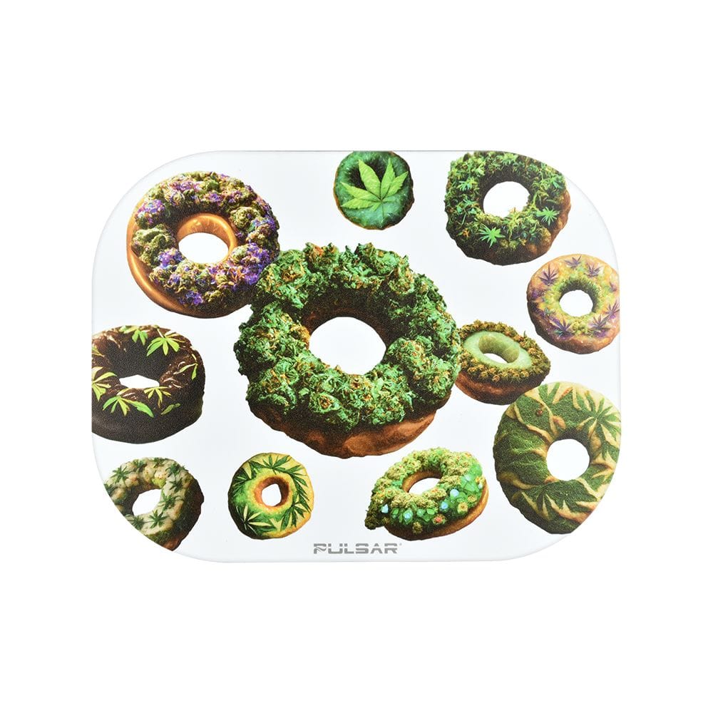 Overhead view of the Pulsar Mini Magnetic Rolling Tray Lid, featuring a circular, green floral arrangement on a dark background.