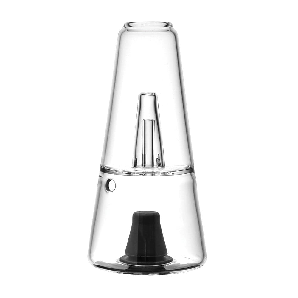 Straight-on view of a clear glass Pulsar Sipper Wax & 510 Cartridge Vaporizer Bubbler showing its tapered two-piece chamber and central downstem against a white background.