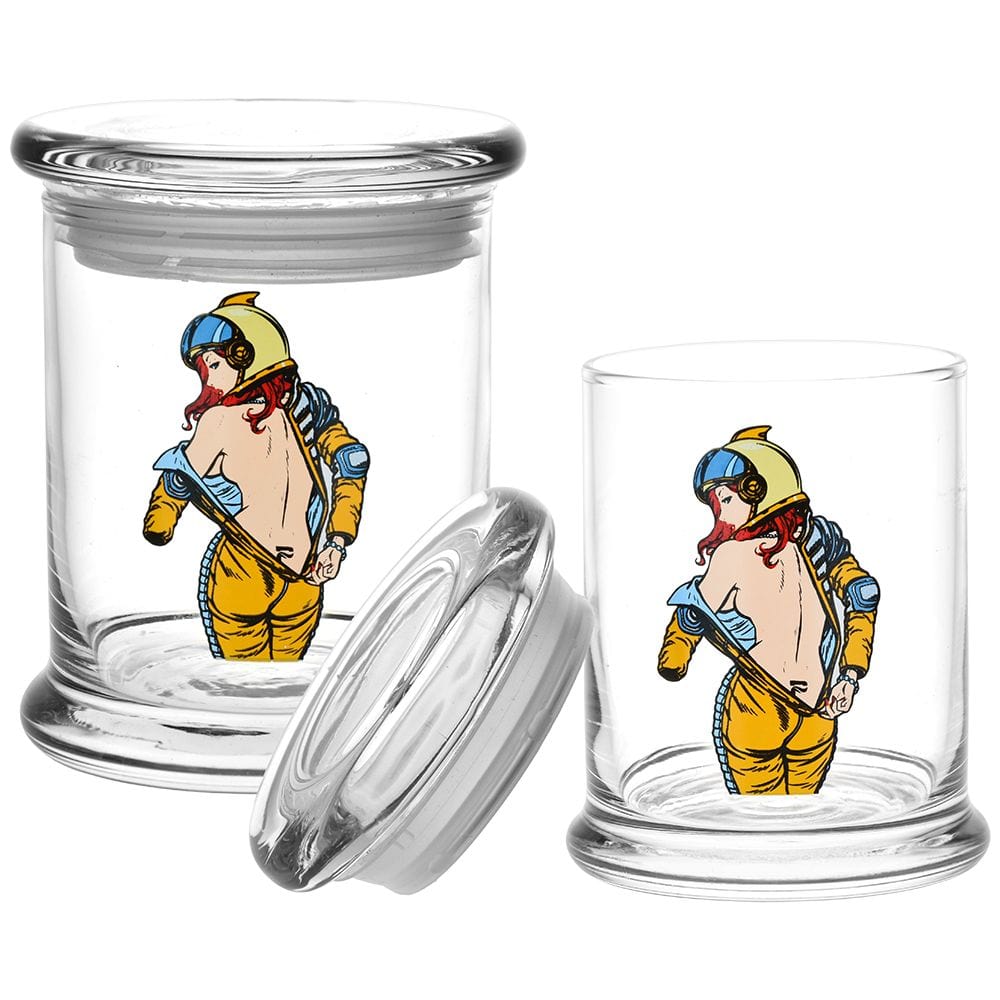 A close-up, angled view of the 420 Jars Pop Top  Zero G Strip, showcasing its clear glass construction and pop-top lid.