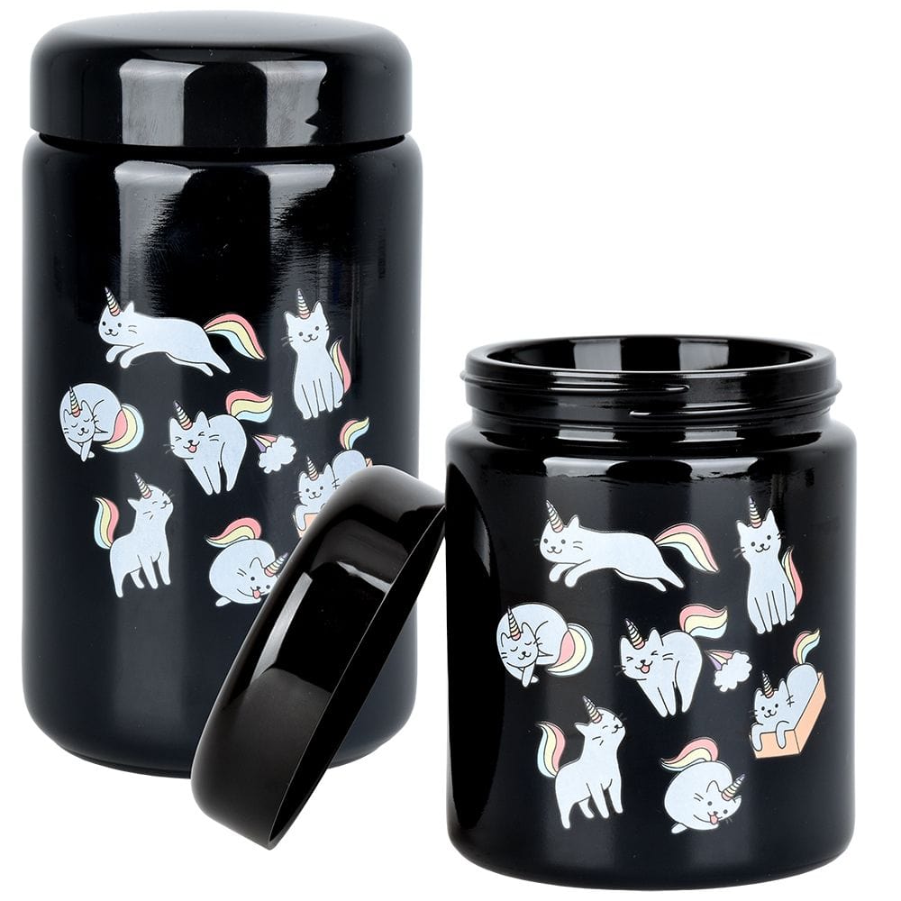 A front view of the 420 Jars UV Screw Top  Caticorns, showcasing a black jar adorned with cartoon unicorn-cat illustrations.