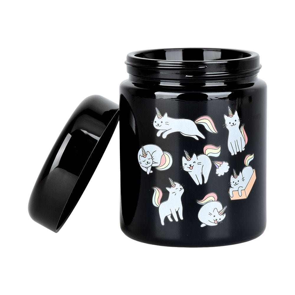 An angled view of the 420 Jars UV Screw Top  Caticorns, showing a black jar with a playful pattern of white unicorn cats.