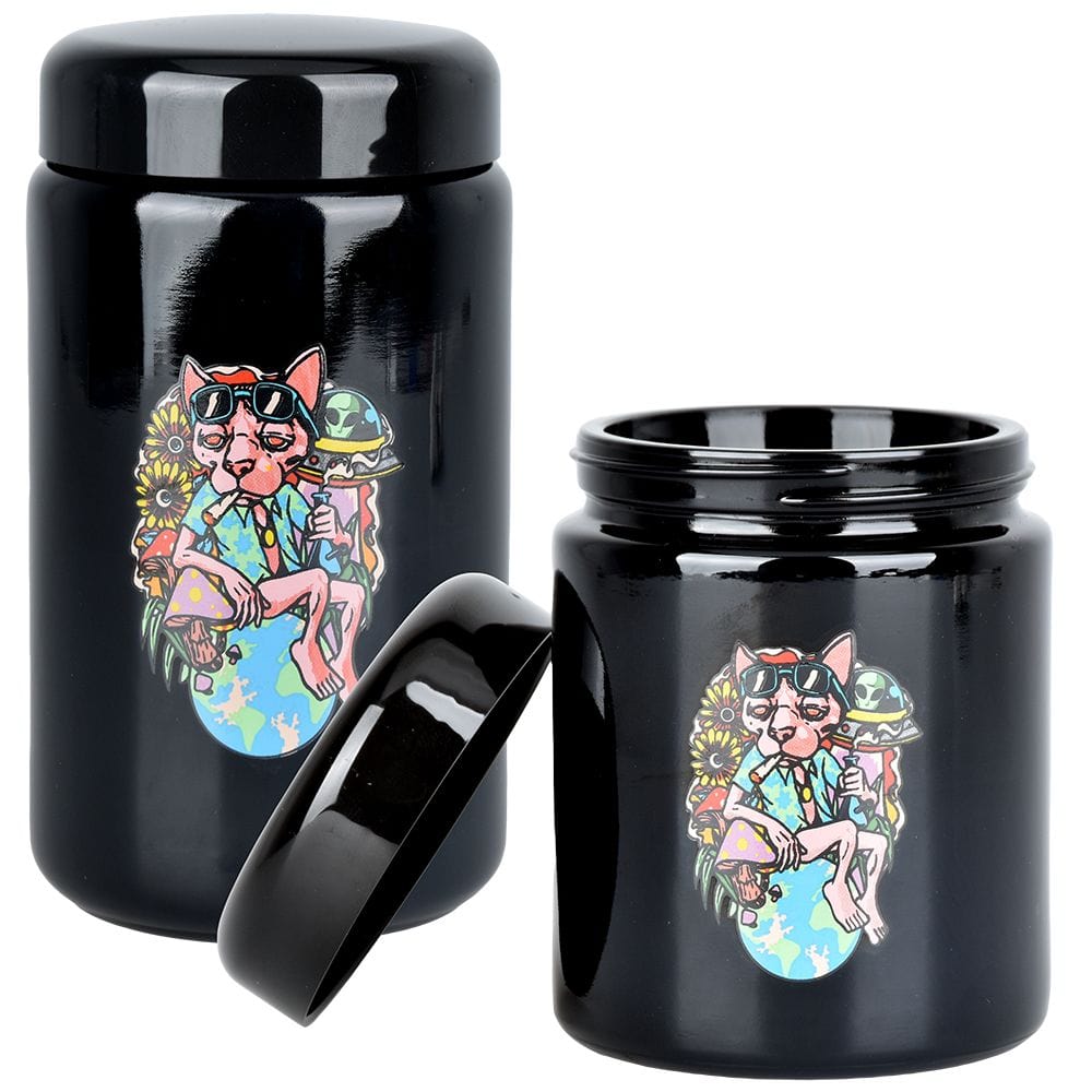 A side view of the 420 Jars UV Screw Top  Chill Cat, showcasing a detailed cat graphic on a black jar with a screw top lid.