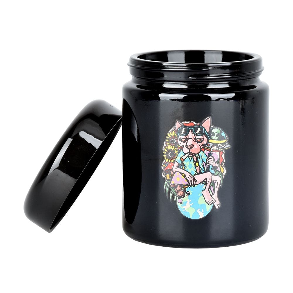 A front view of the 420 Jars UV Screw Top  Chill Cat, showcasing a colorful cat design on a black jar with a screw-top lid.